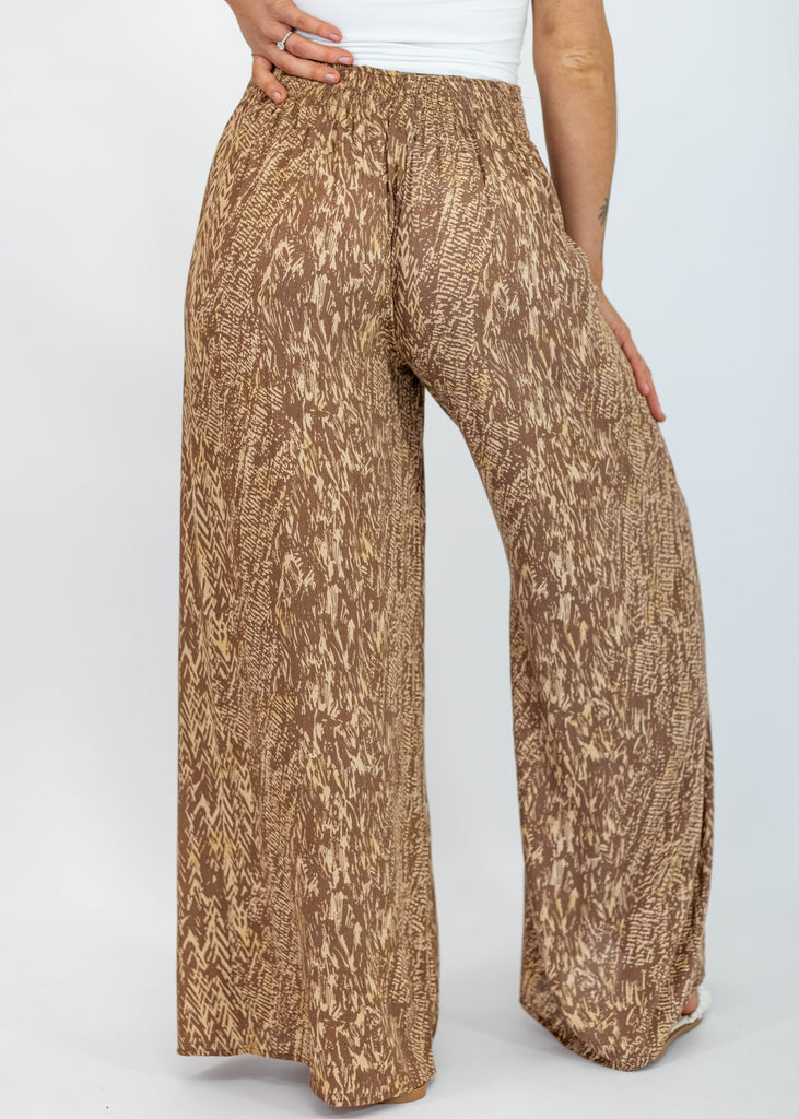 flowy brown printed split pants