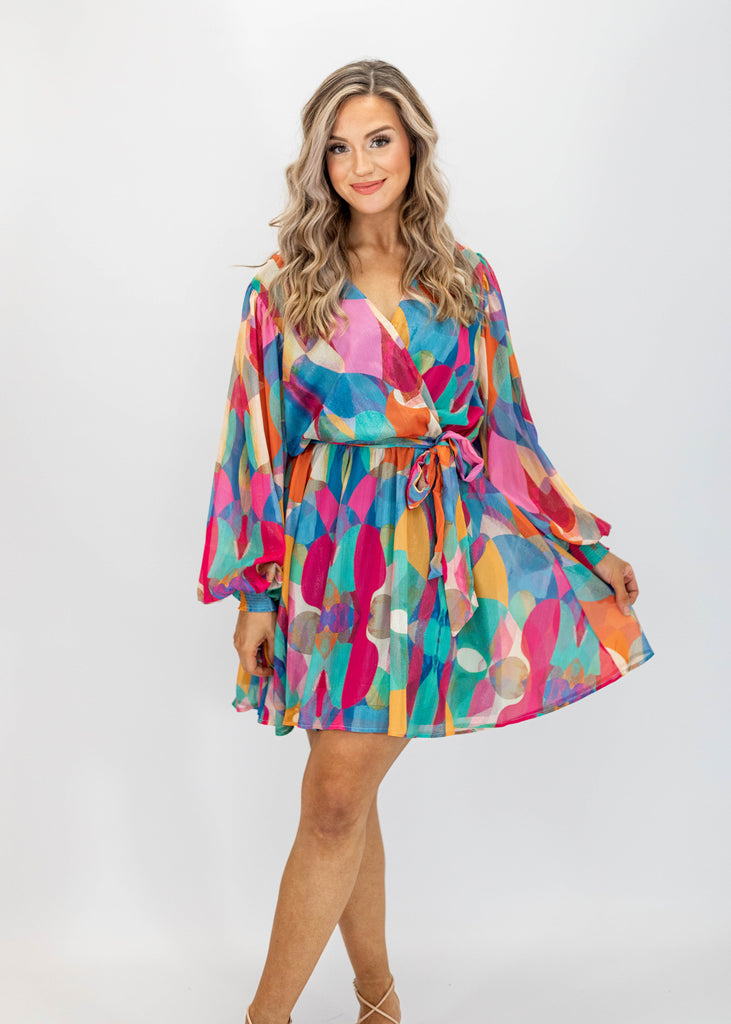 vibrant printed mini dress with long sleeves 