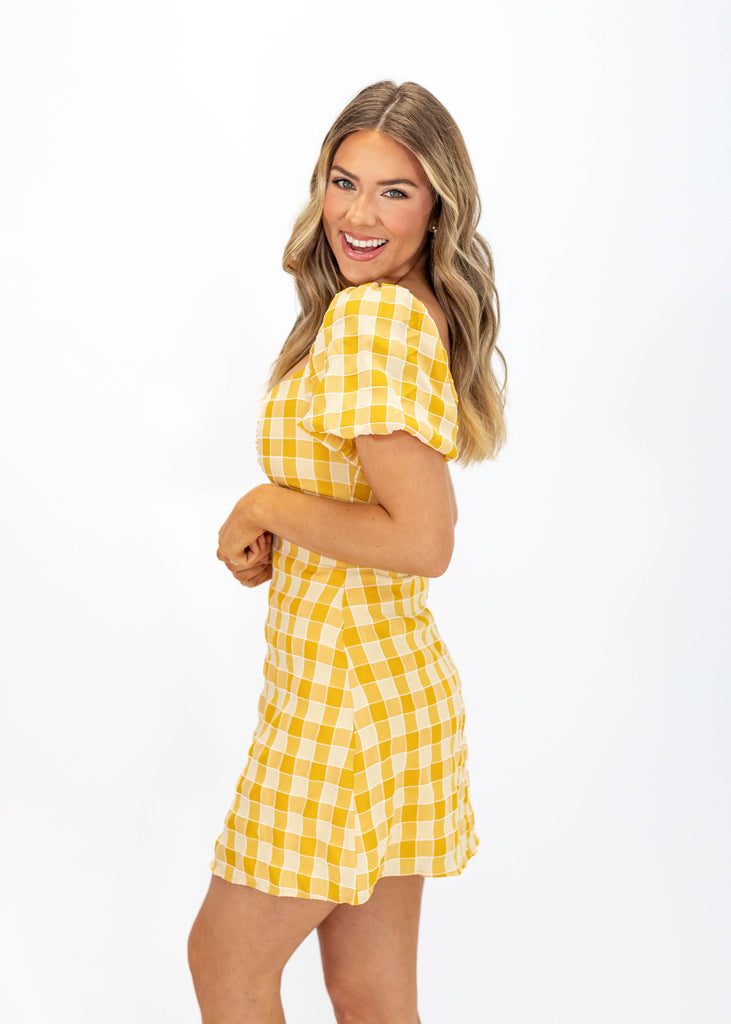 yellow checkered mini dress with balloon sleeves