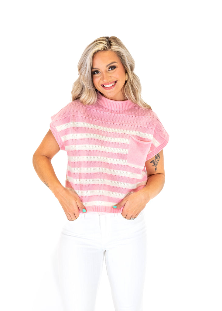 pink boxy knit short sleeve sweater with stripes
