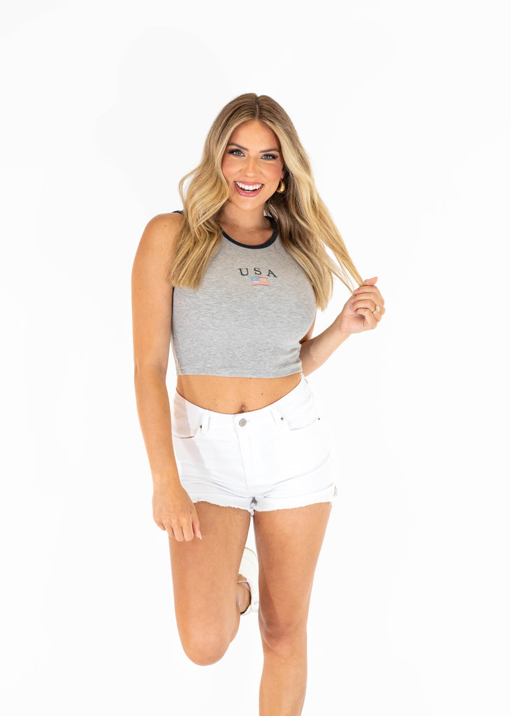 grey cropped tank with USA embroidery