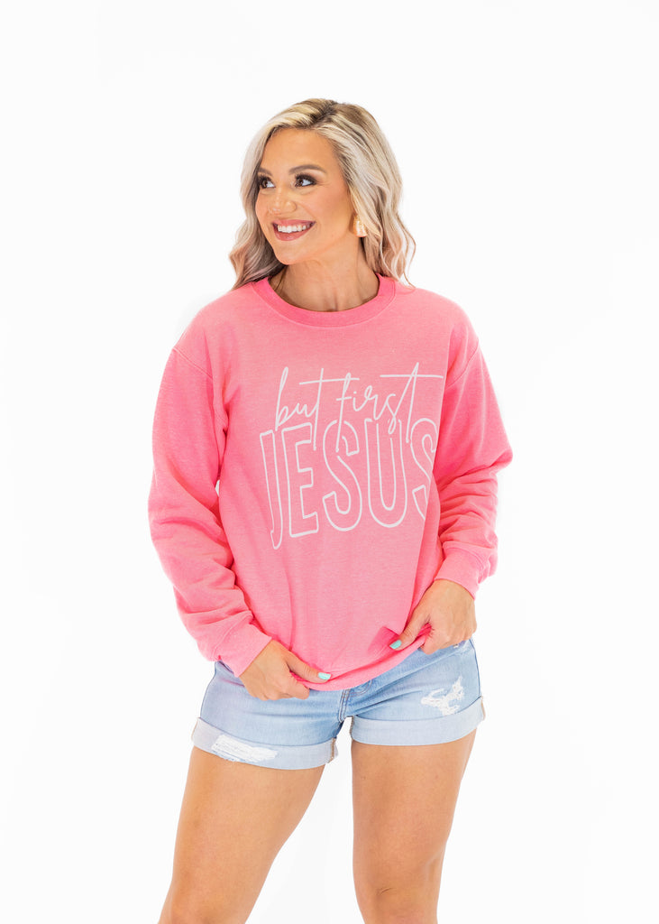 bright pink graphic print sweatshirt