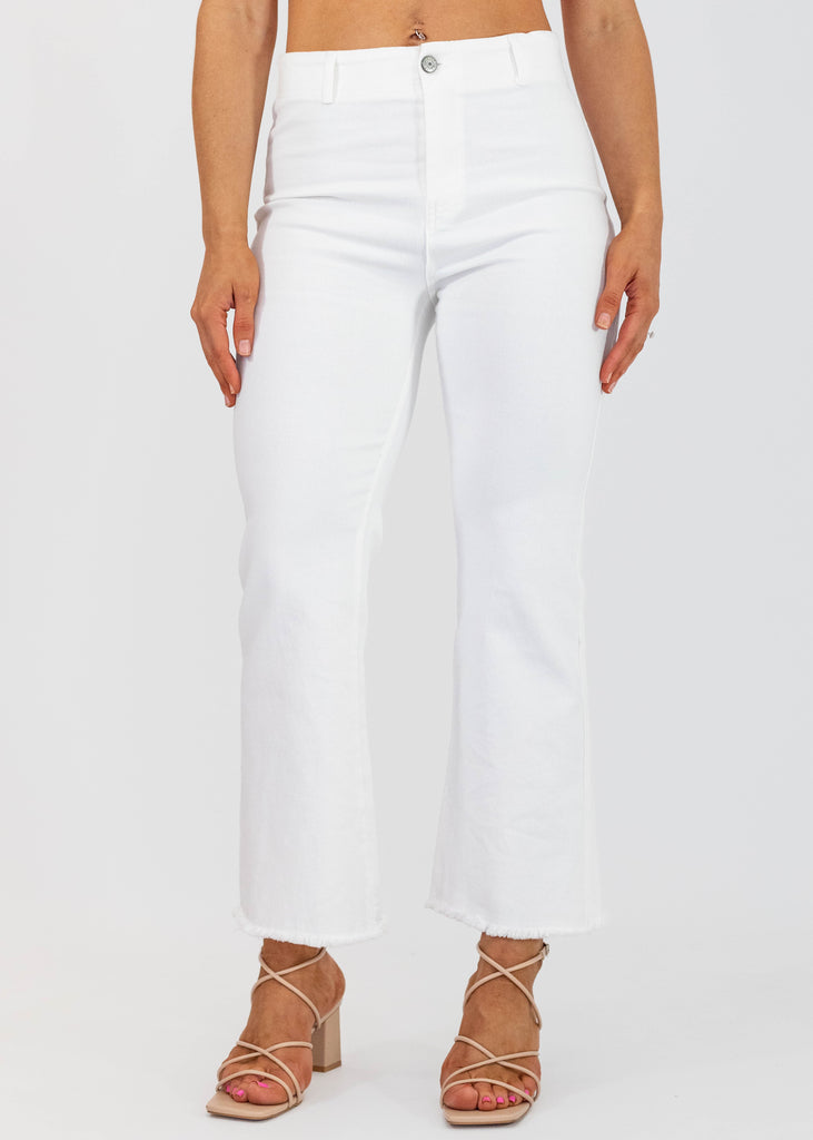 white high rise stretchy flare leg ankle jeans