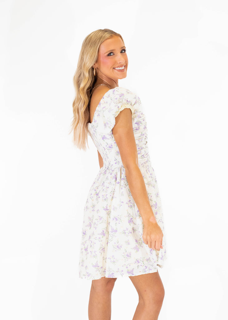 white dress with lavender floral