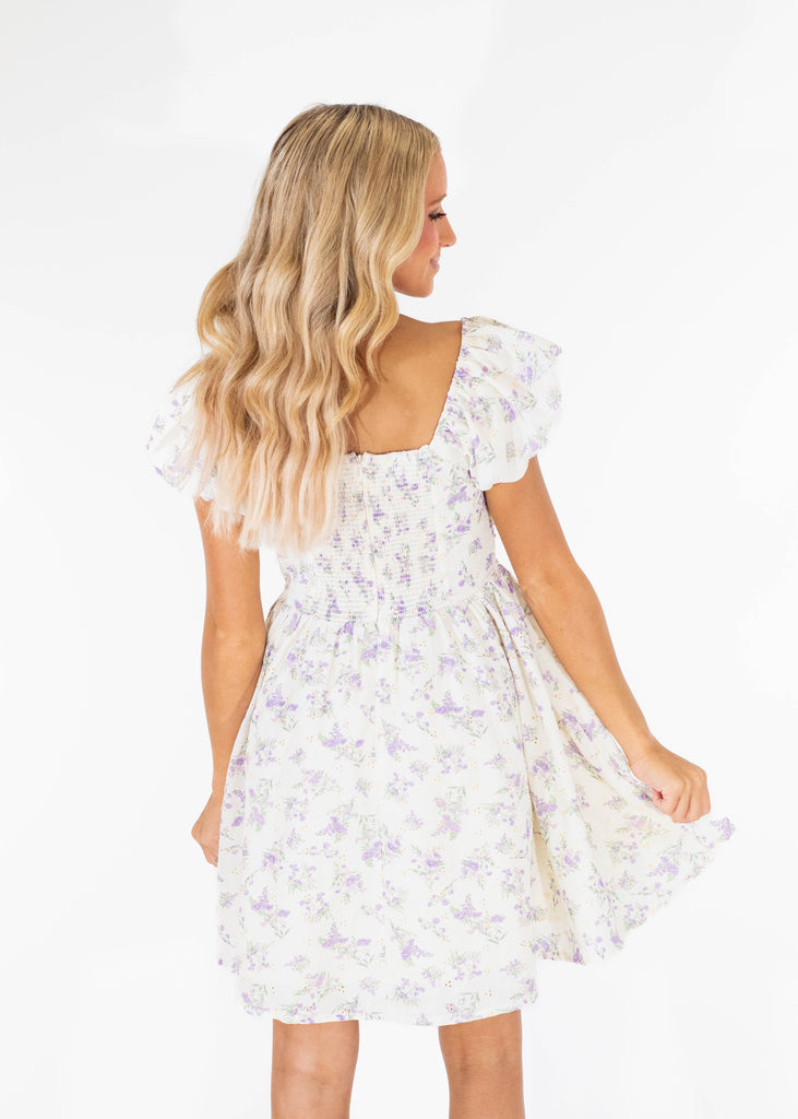 white dress with lavender floral