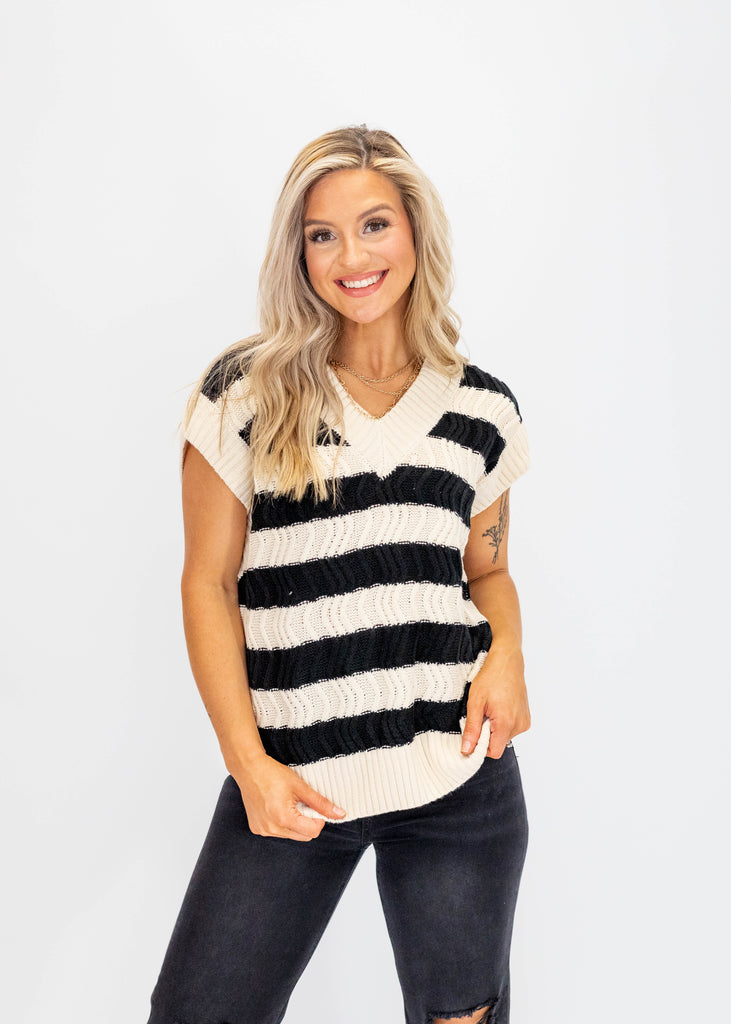 cream/black striped v-neck knit sleeveless sweater vest
