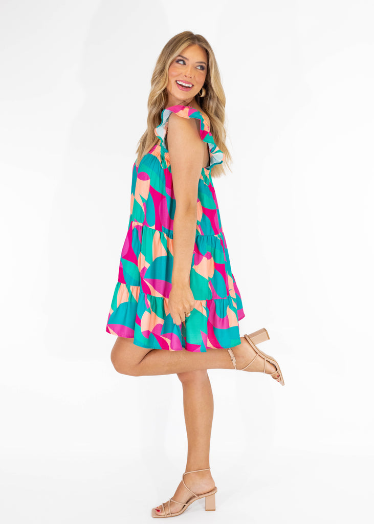 blue and pink babydoll fit mini dress with ruffle straps