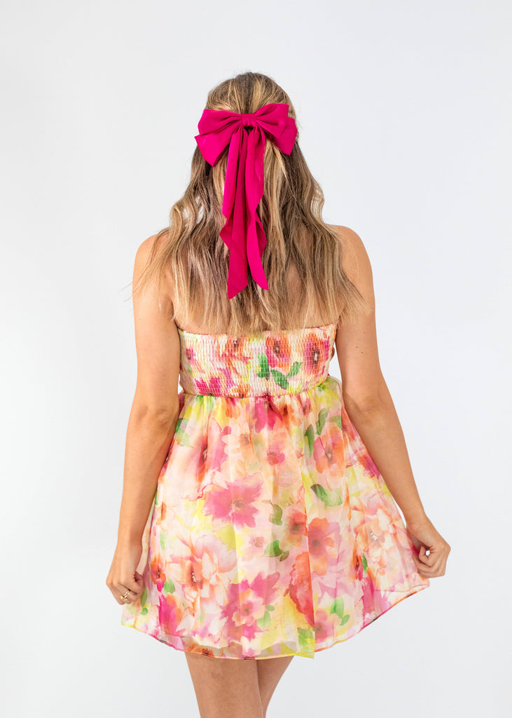 strapless floral mini dress