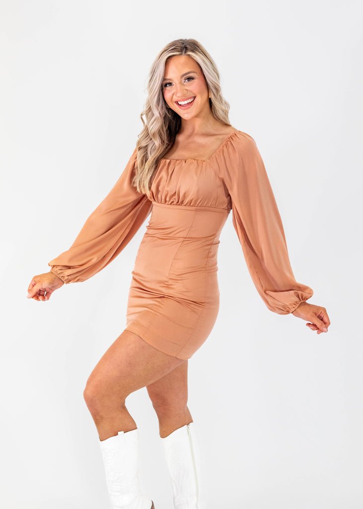 bronze mini dress with puff long sleeves