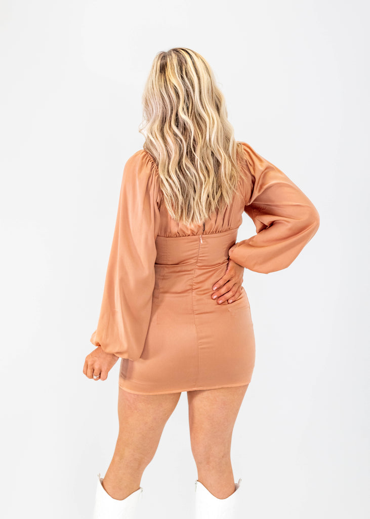 bronze mini dress with puff long sleeves