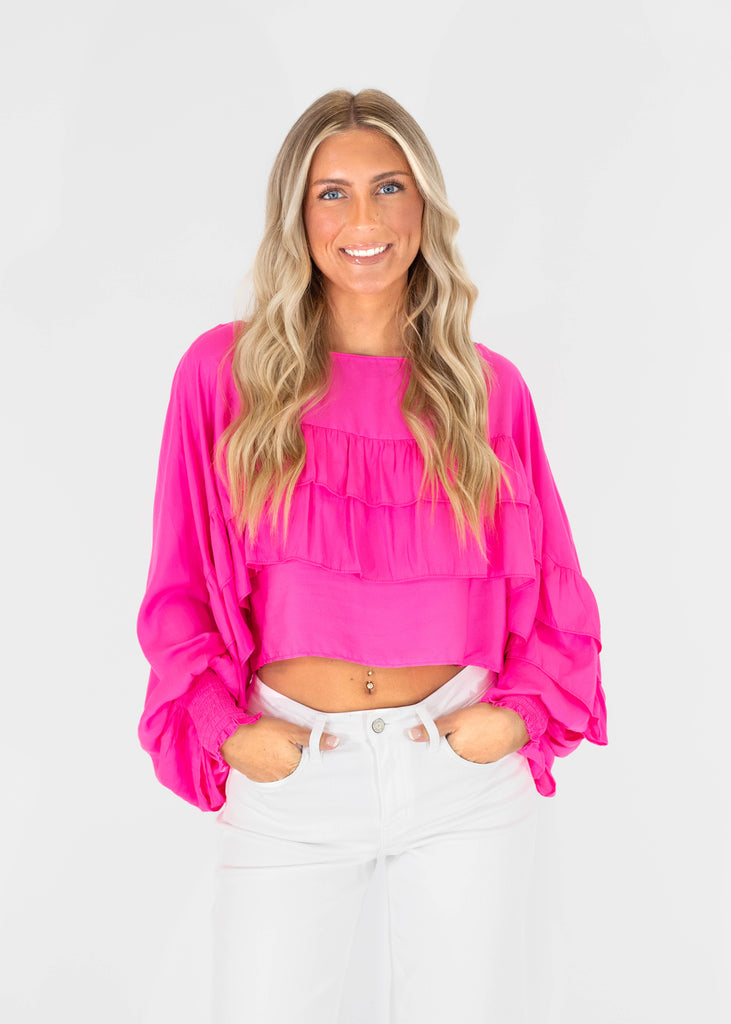 hot pink relaxed fit ruffle cropped top