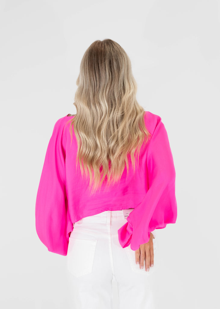 hot pink relaxed fit ruffle cropped top