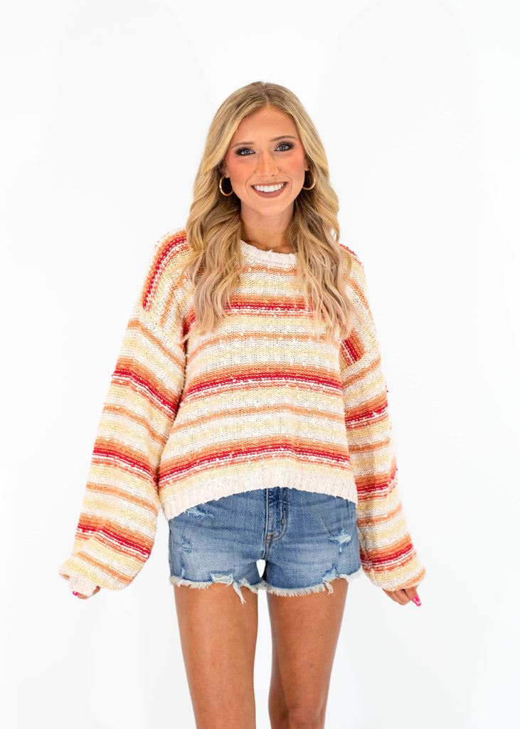 red multi striped knit sweater
