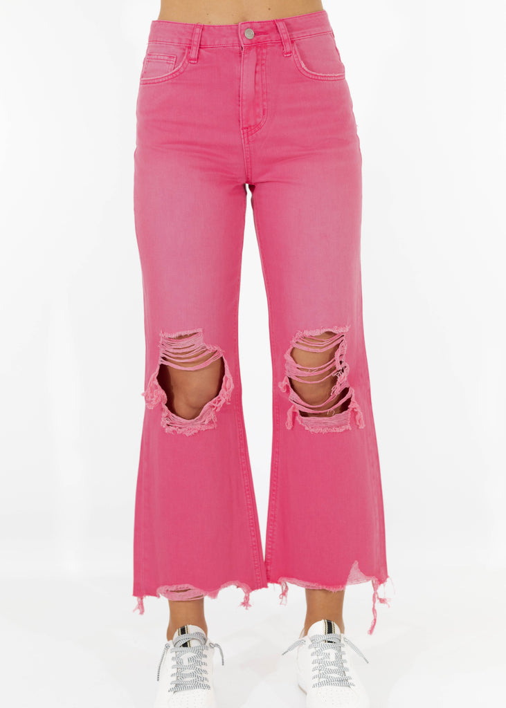 hot pink high rise distressed flare leg cropped jeans