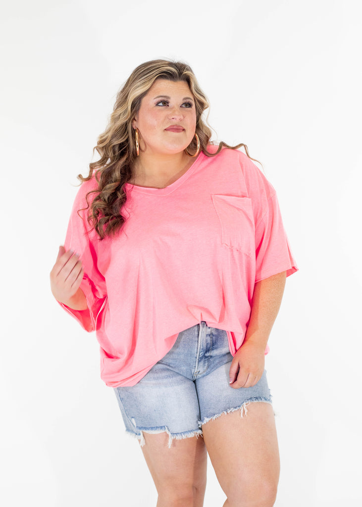 pink oversized tee with distressed hems