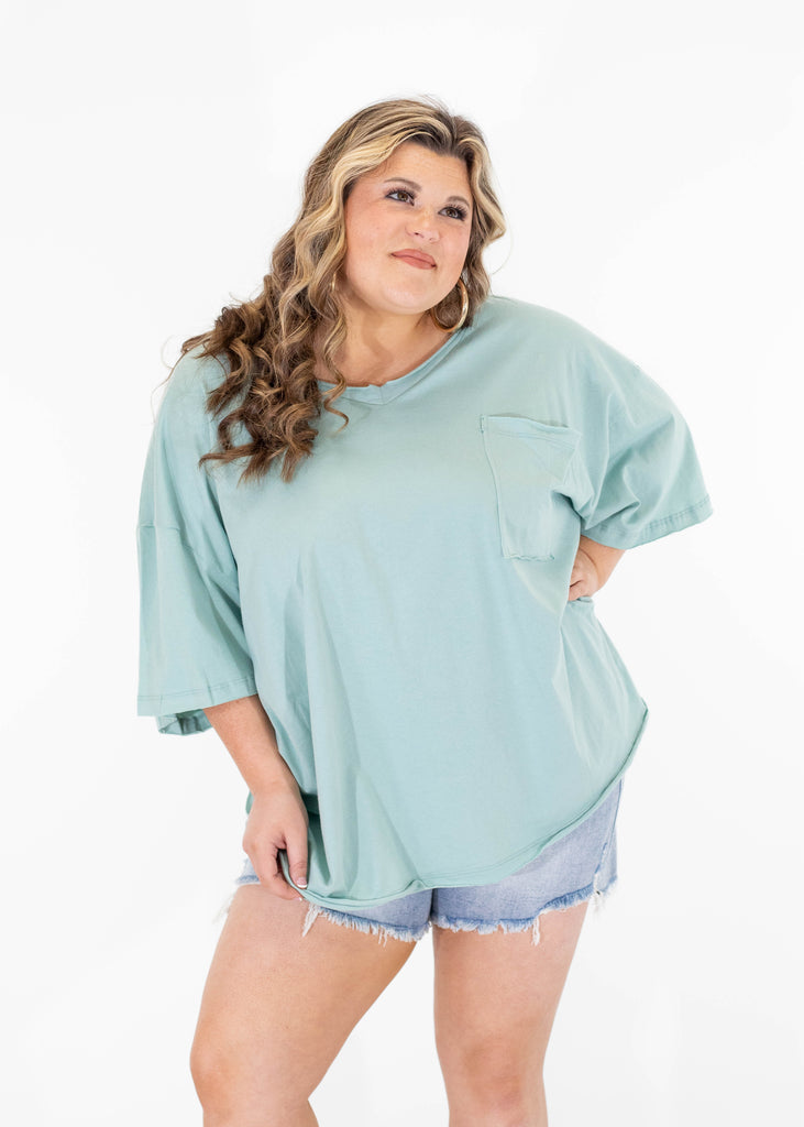 blue oversized tee with distressed hems