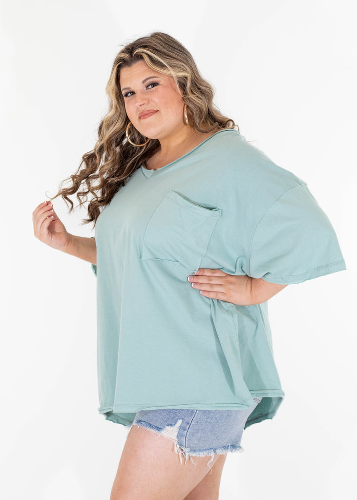 blue oversized tee with distressed hems