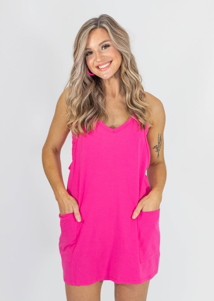 hot pink relaxed fit romper with pockets