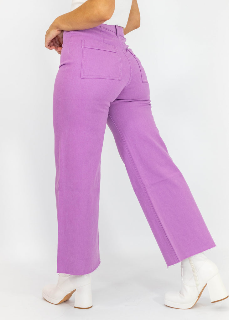 purple high rise wide leg jeans