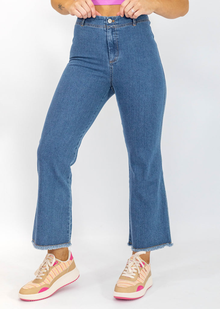high rise flare leg ankle jeans