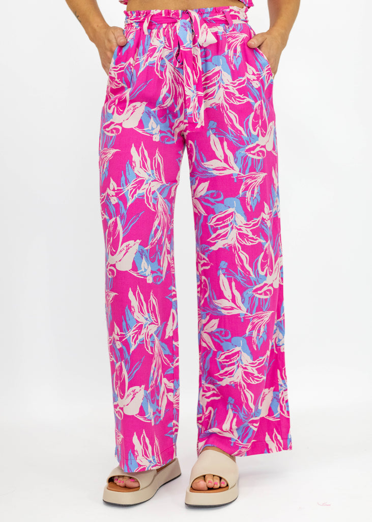 hot pink and blue floral pants, tie strap, elastic waist