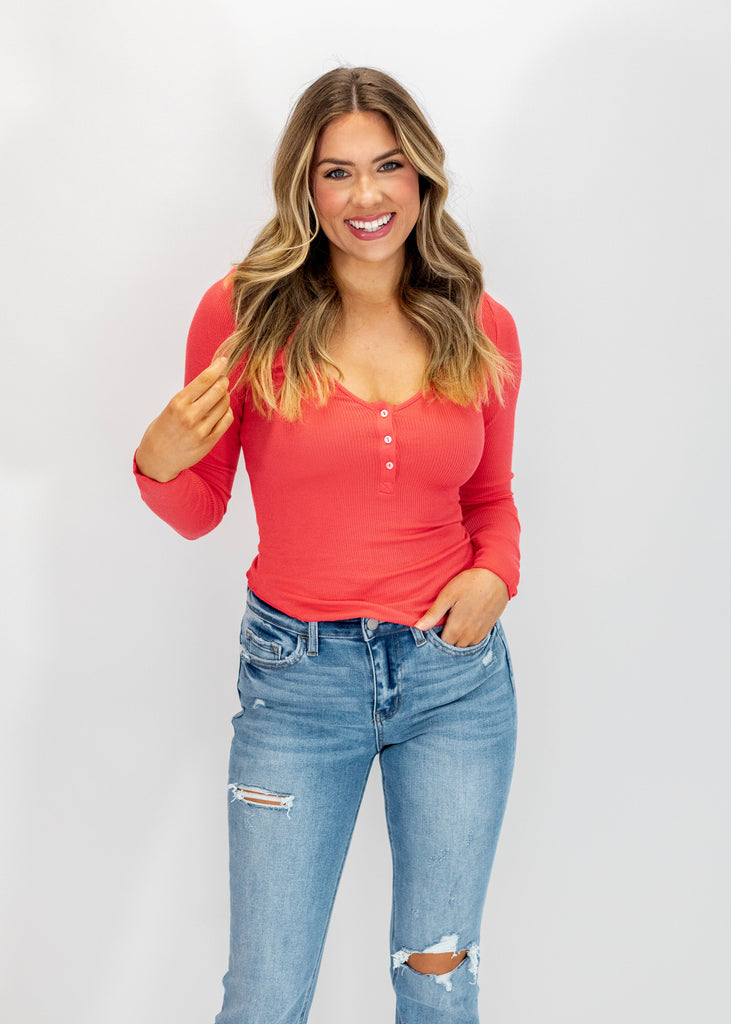 red long sleeve fitted henley top