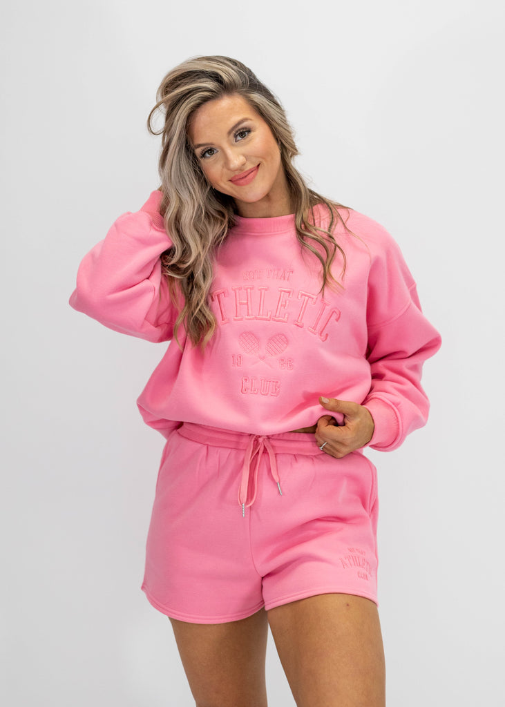 bright pink "Not That Athletic Club" embroidery sweatshirt