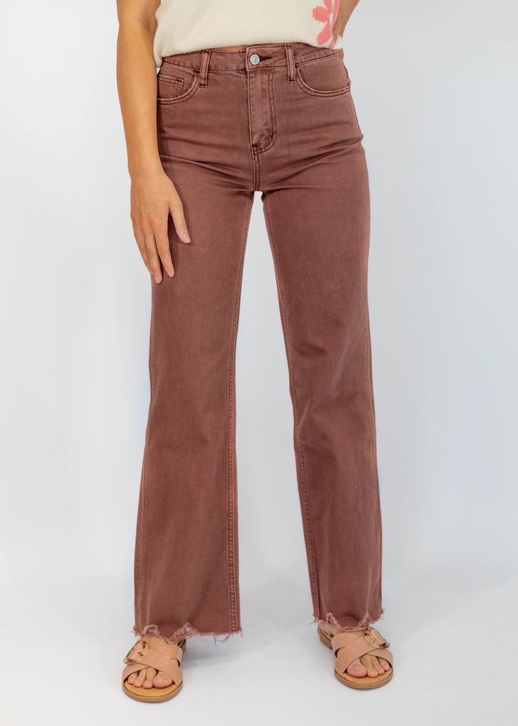 puce red straight leg jeans