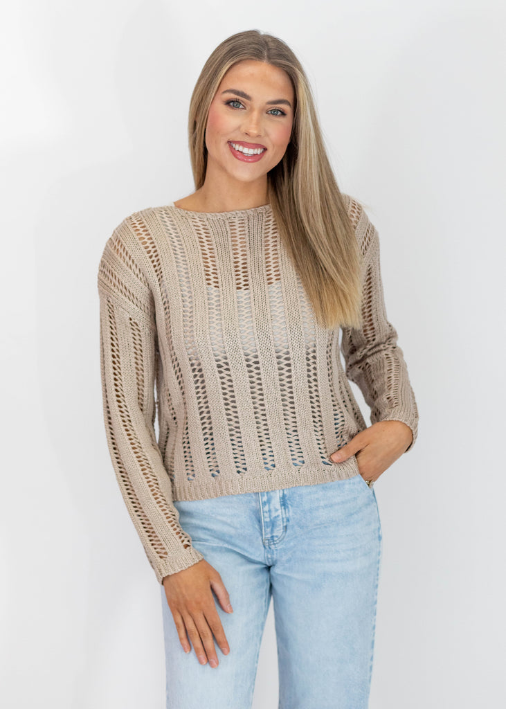 brown open knit lightweight sweater